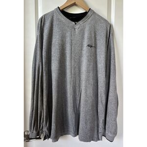 Vintage Fubu Shirt Mens Large Gray Terry Cloth Y2K Spellout V Neck Long Sleeve